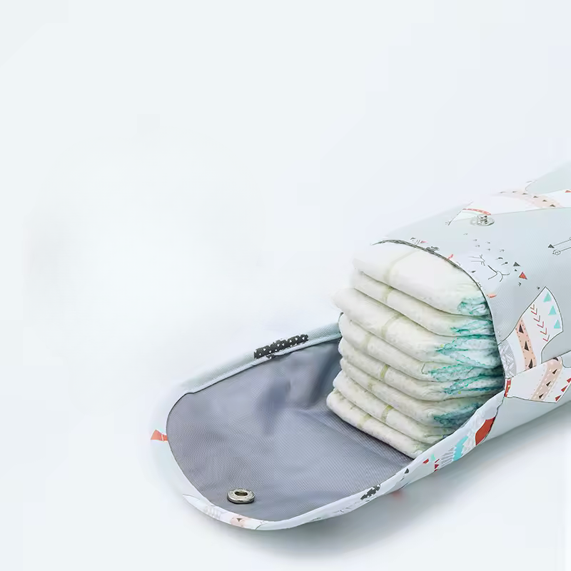 Waterproof Baby Nappy Portable Diaper Bag, with a gray and patterned design on a white background.